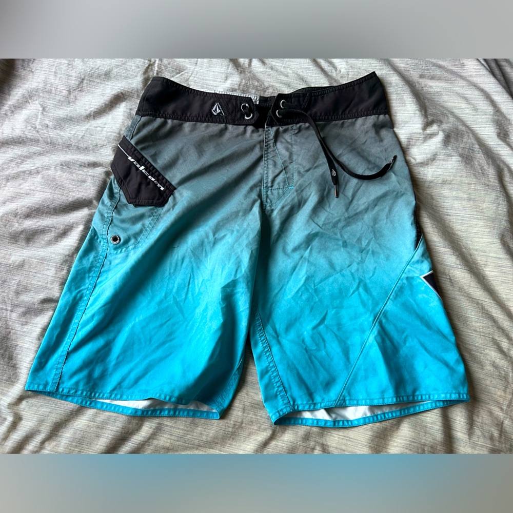 Men Blue Grey Black Volcom Swim Trunks